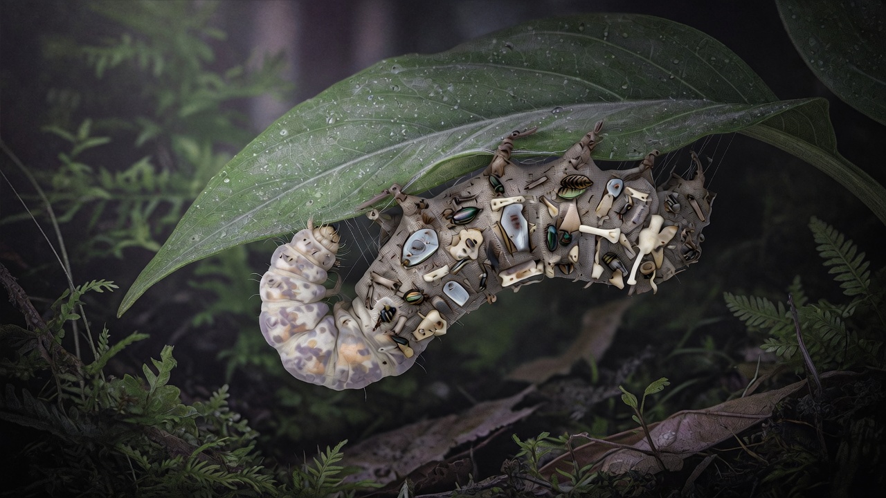 Stylized illustration of a Bone Collector caterpillar with prey-part armor