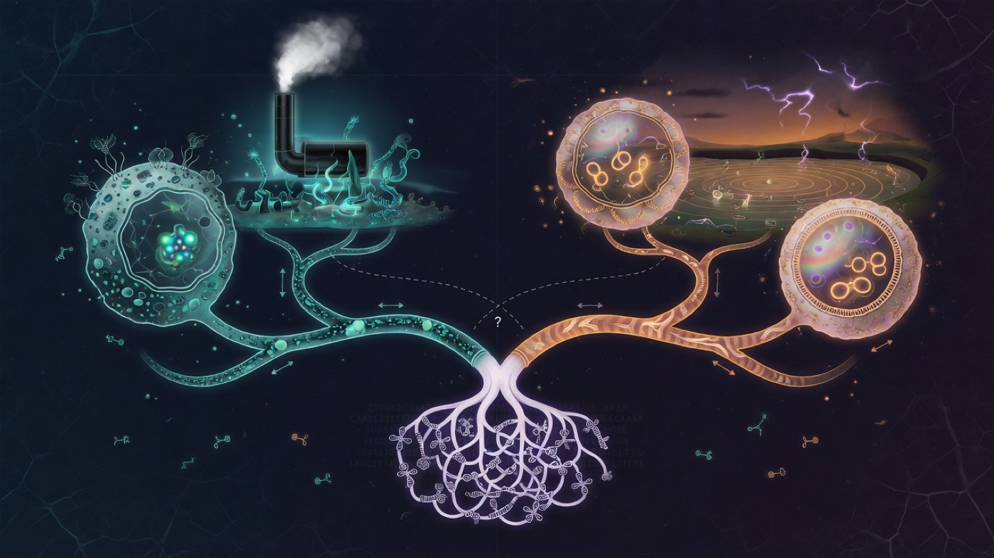 Conceptual art of two independent free-living cell origins