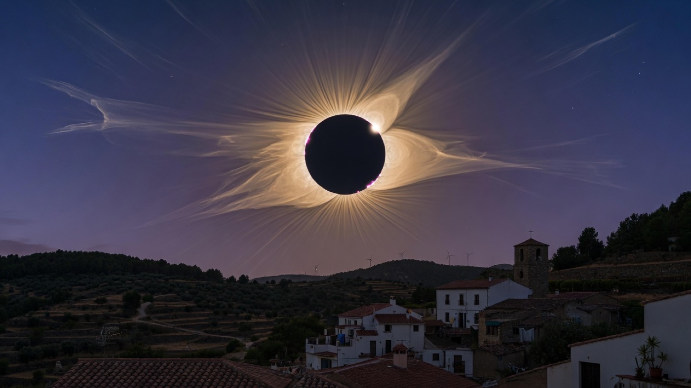 Total solar eclipse corona over European hills