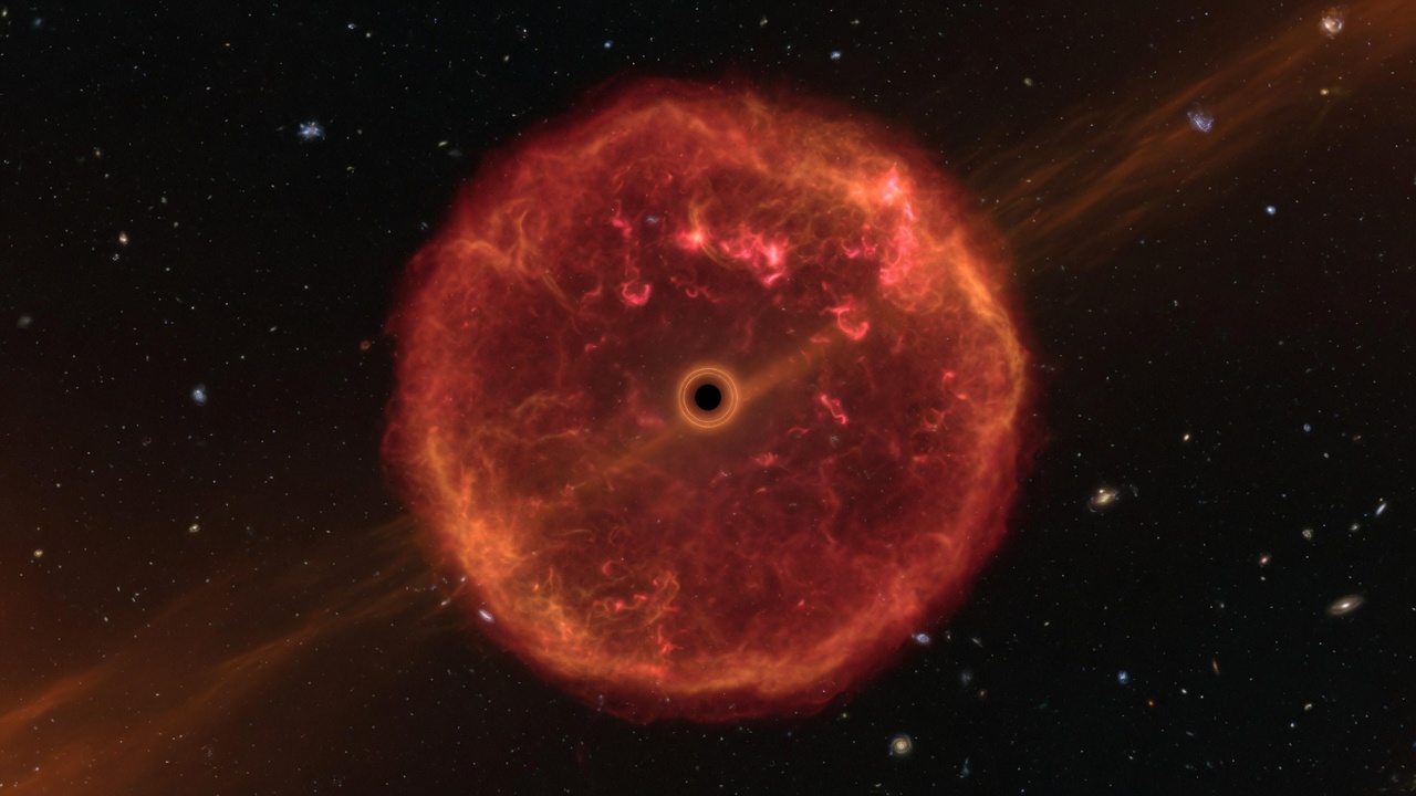 A vast red hydrogen cocoon with a black hole at the center