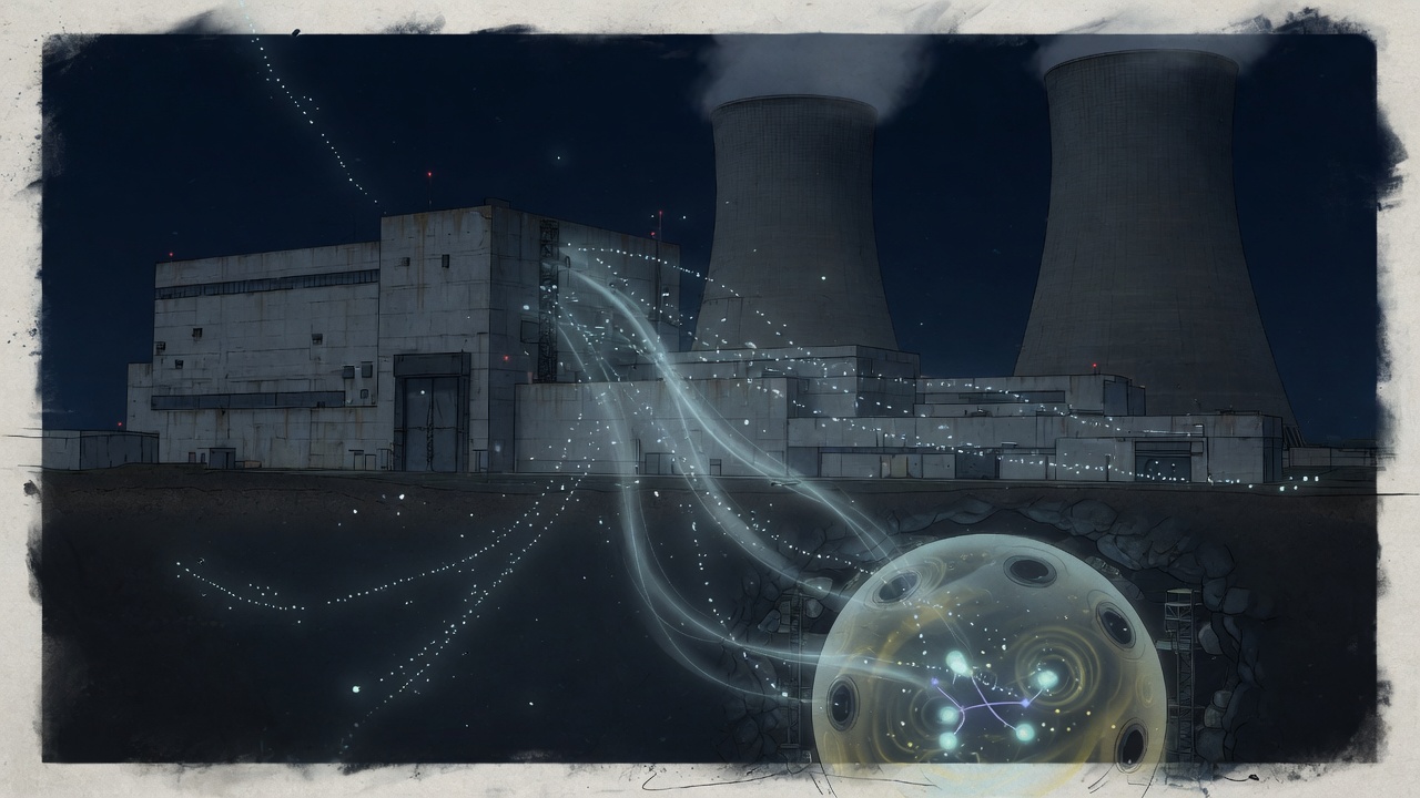 Shut-down reactor at night with a faint antineutrino stream into an underground detector