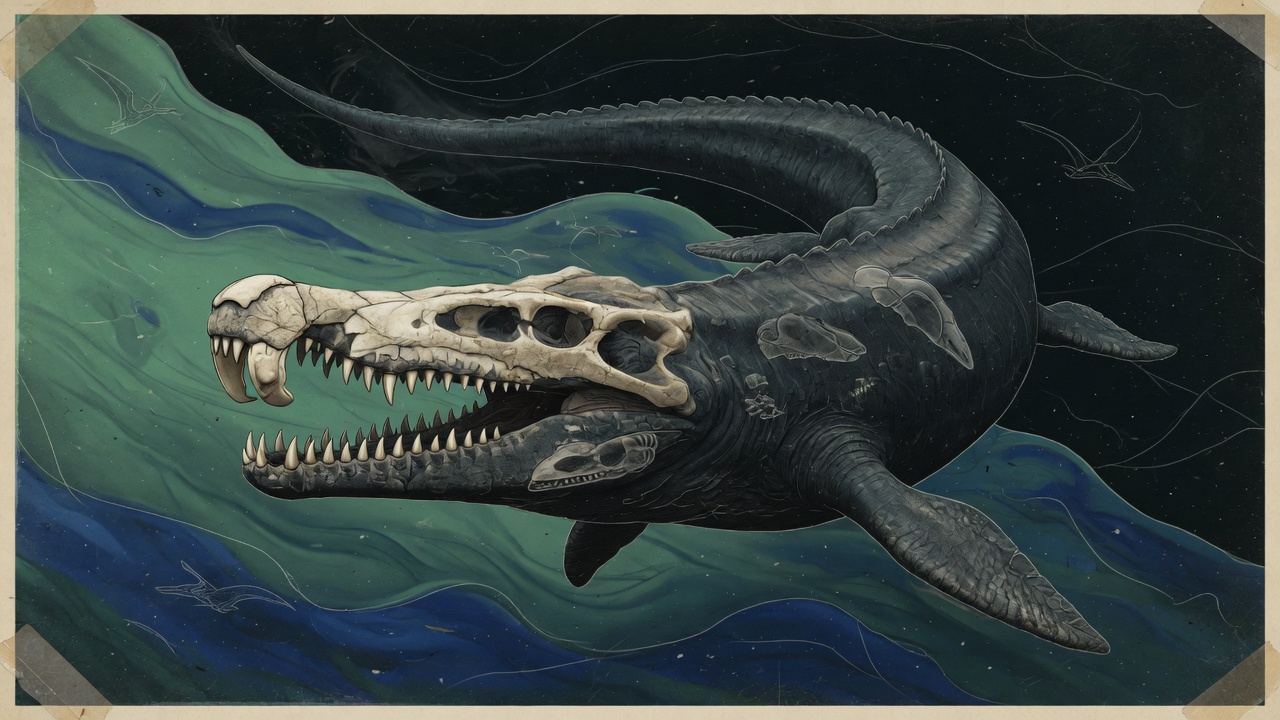 Mosasaur swimming with skull bones showing through the snout