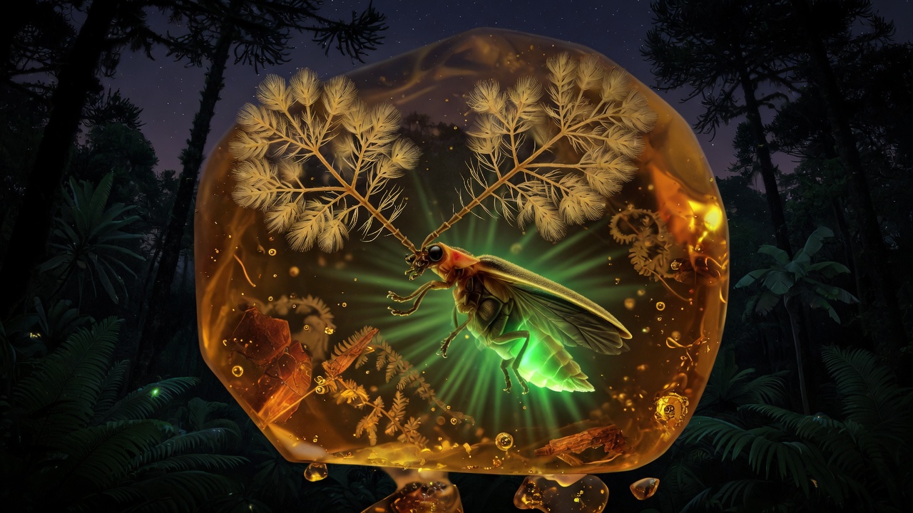 Icaroramus perisi in Kachin amber, branched antennae and glowing abdomen