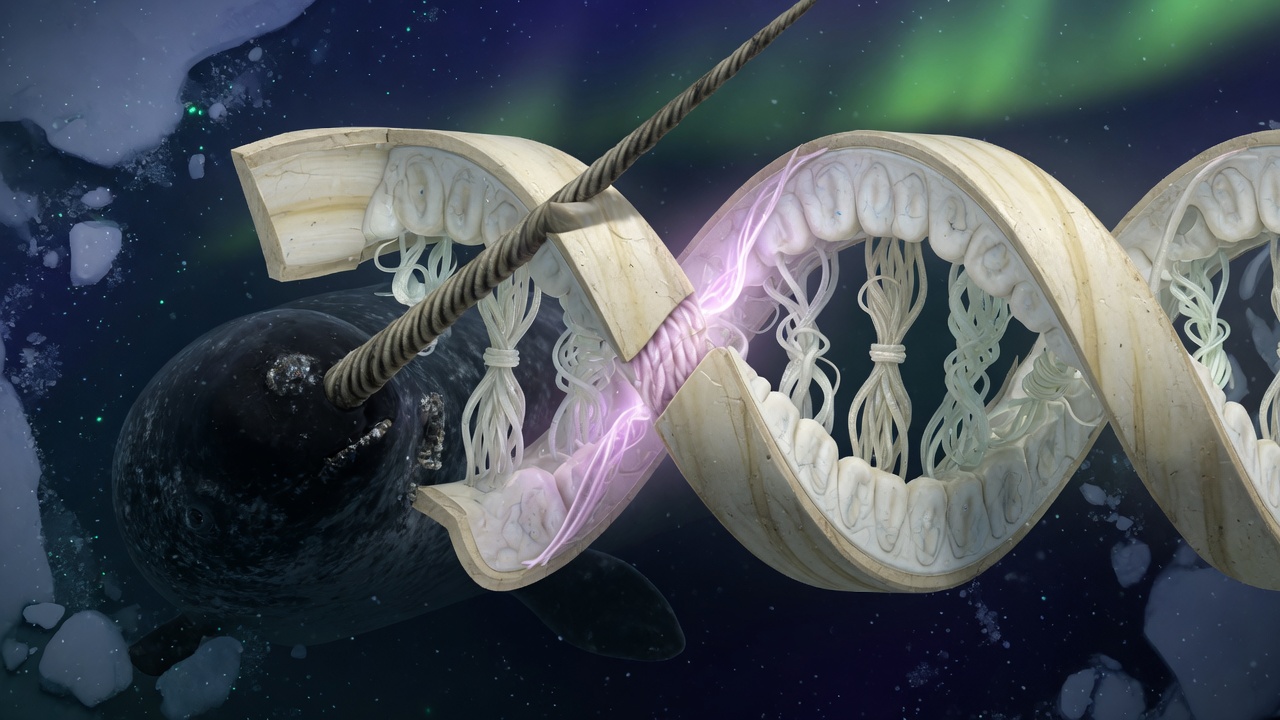 Narwhal tusk cutaway showing opposing left and right helices
