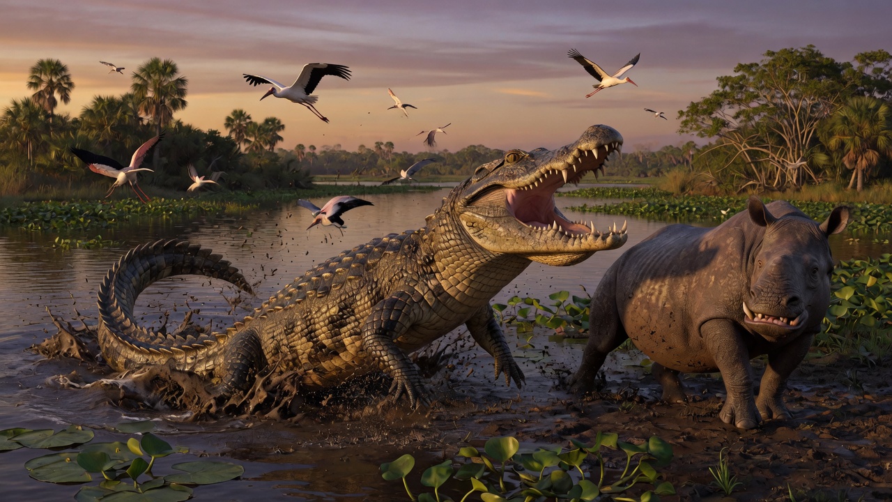 Purussaurus neivensis attacking a large ungulate in Miocene Colombia