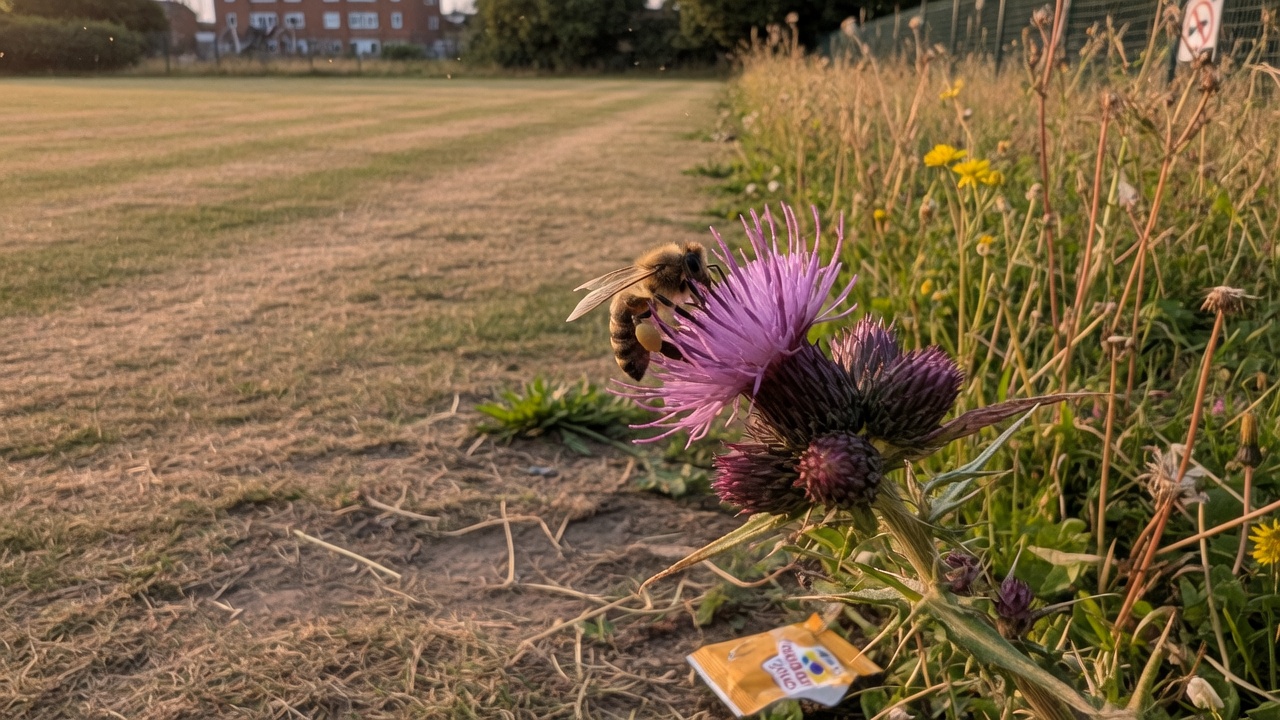Honeybee on a late-summer thistle at the edge of a mown British lawn