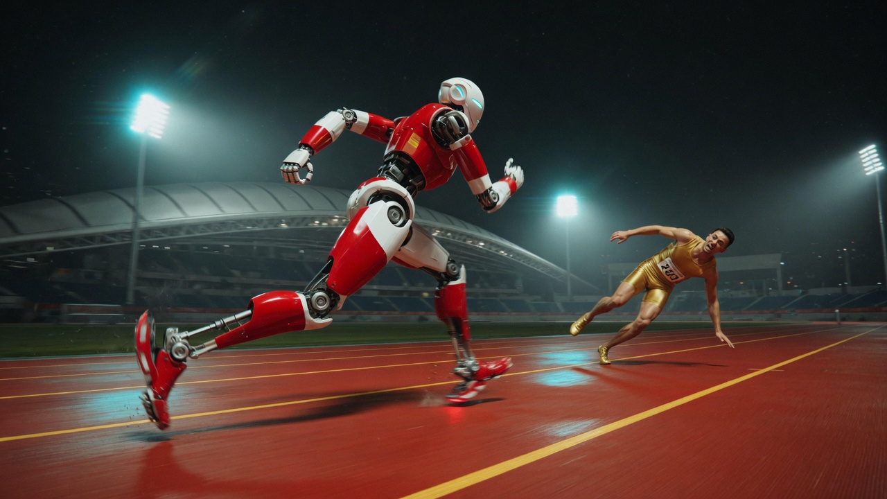 A red humanoid robot sprints on a night track, a gold-clad human sprinter falling a stride behind
