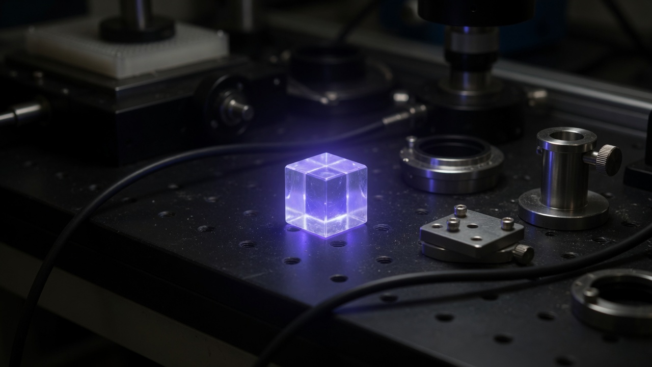 A millimeter cube of glass on a dark optical table, leaking a faint violet glow