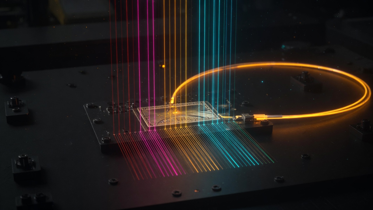 A rice-grain photonic chip on a dark table, feeding a fiber loop, with evenly spaced spectral comb teeth