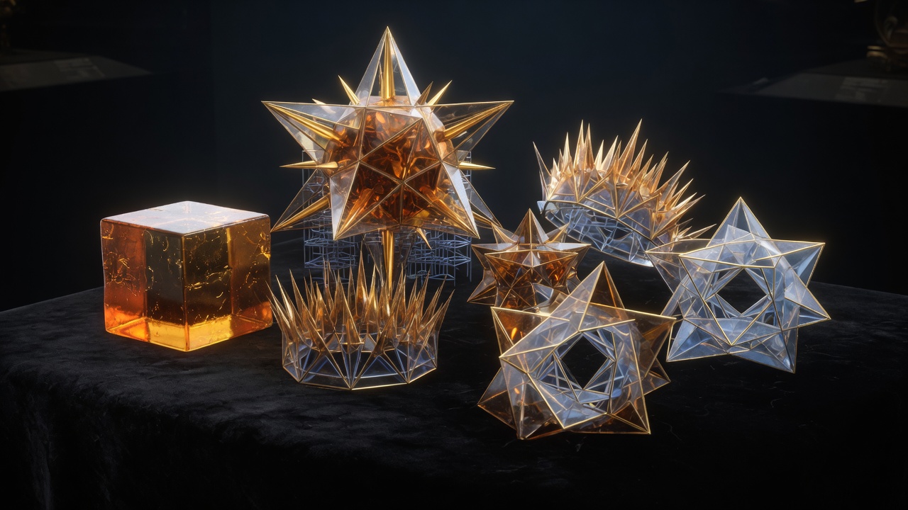 A dark table of glass and gold noble polyhedra, cube beside star-shaped intersecting solids