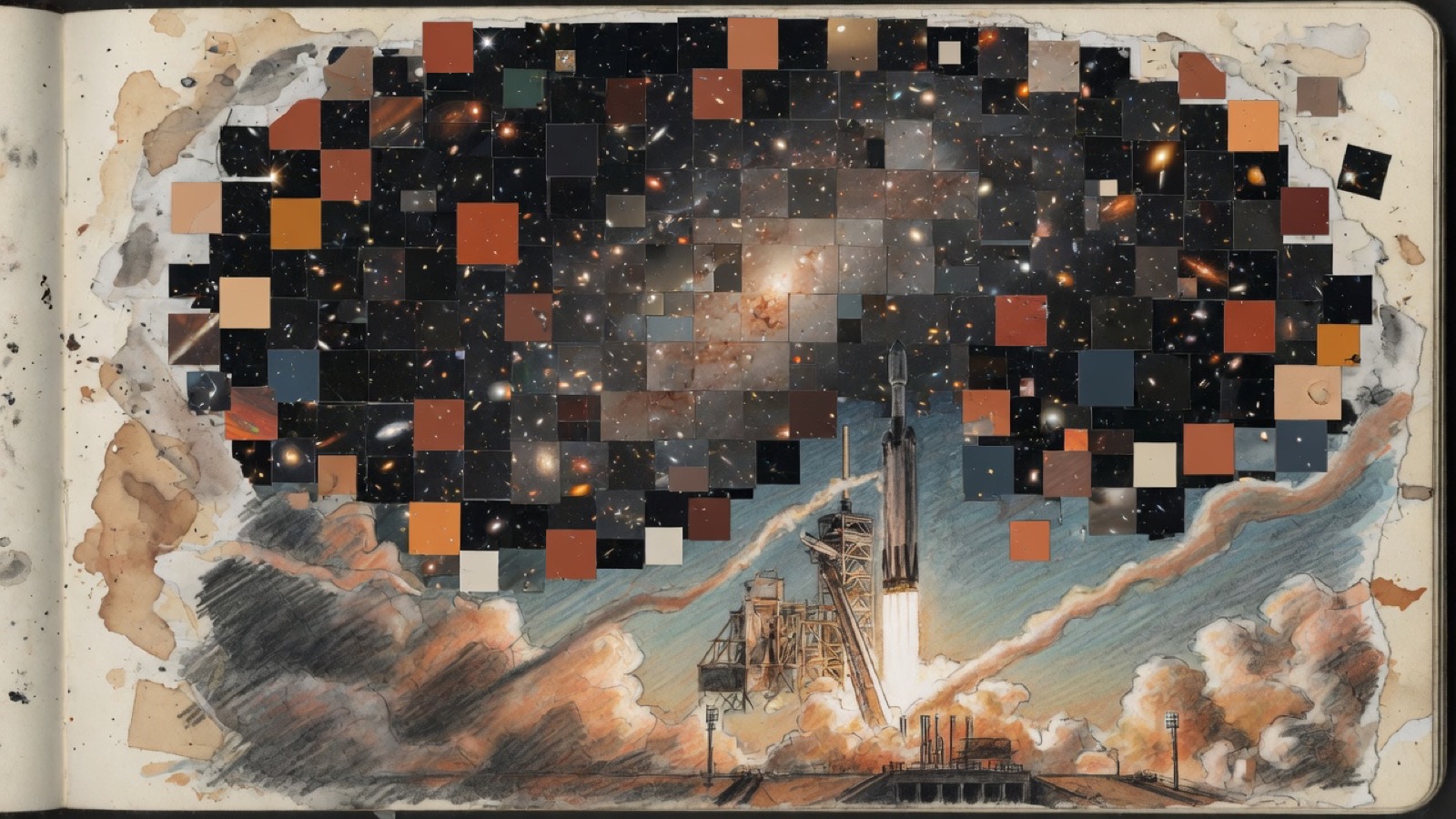 Field-art: a Falcon Heavy lifts off while a mosaic of Hubble-sharp tiles fills a moon-sized patch of sky