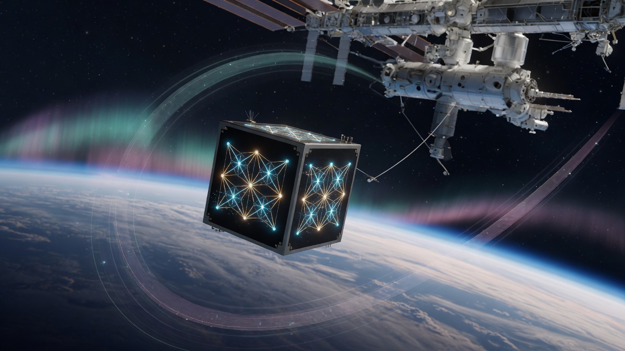 Illustrated quantum cube near ISS with Earth magnetic field arcs
