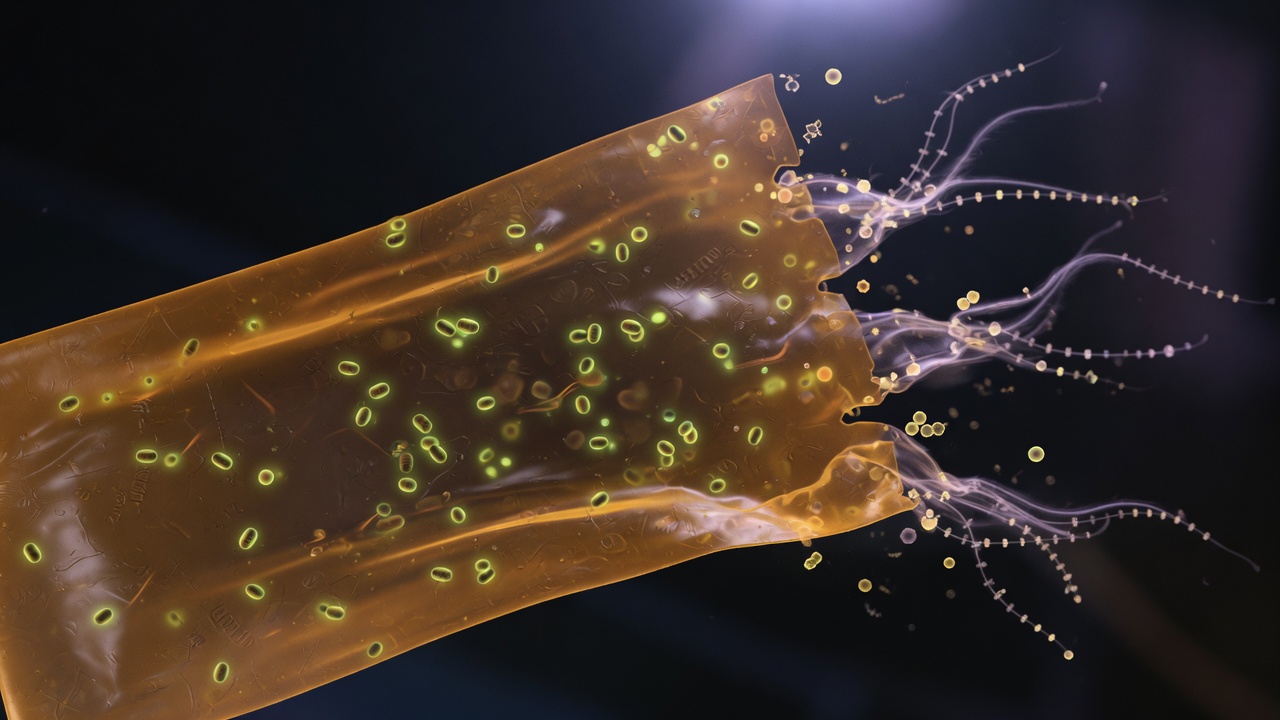 Translucent living plastic dissolving with embedded glowing spores