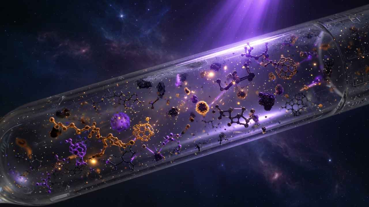 Cosmic dust and carbon molecules forming under violet light in a lab tube