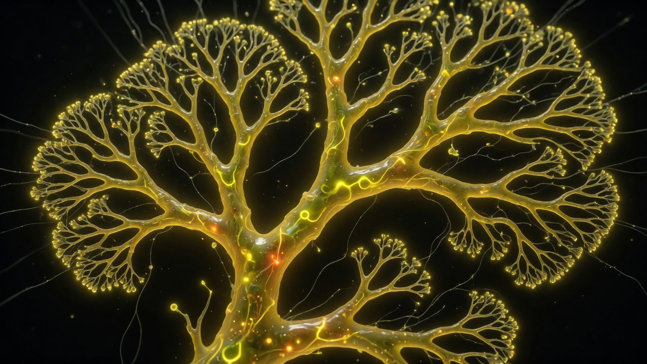 Stylized yellow Physarum polycephalum network glowing like a living circuit
