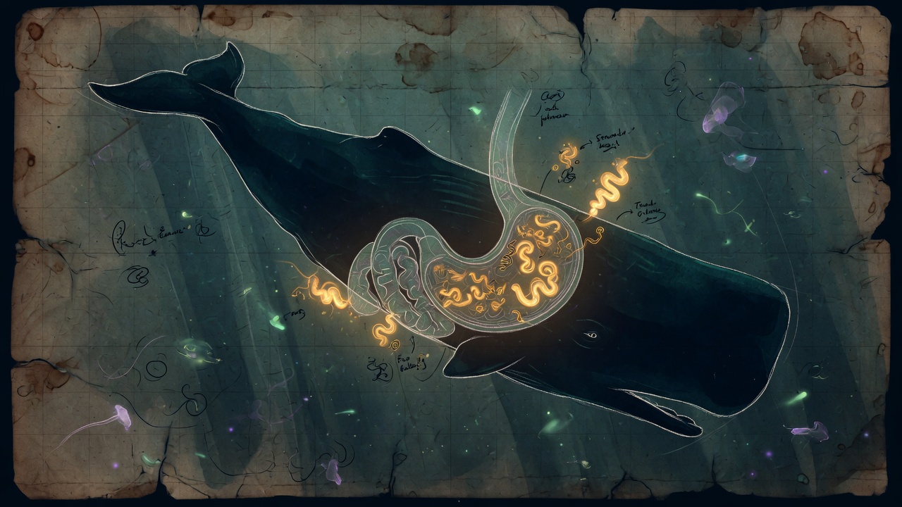 Deep ocean pygmy sperm whale silhouette with spiral bacteria motifs