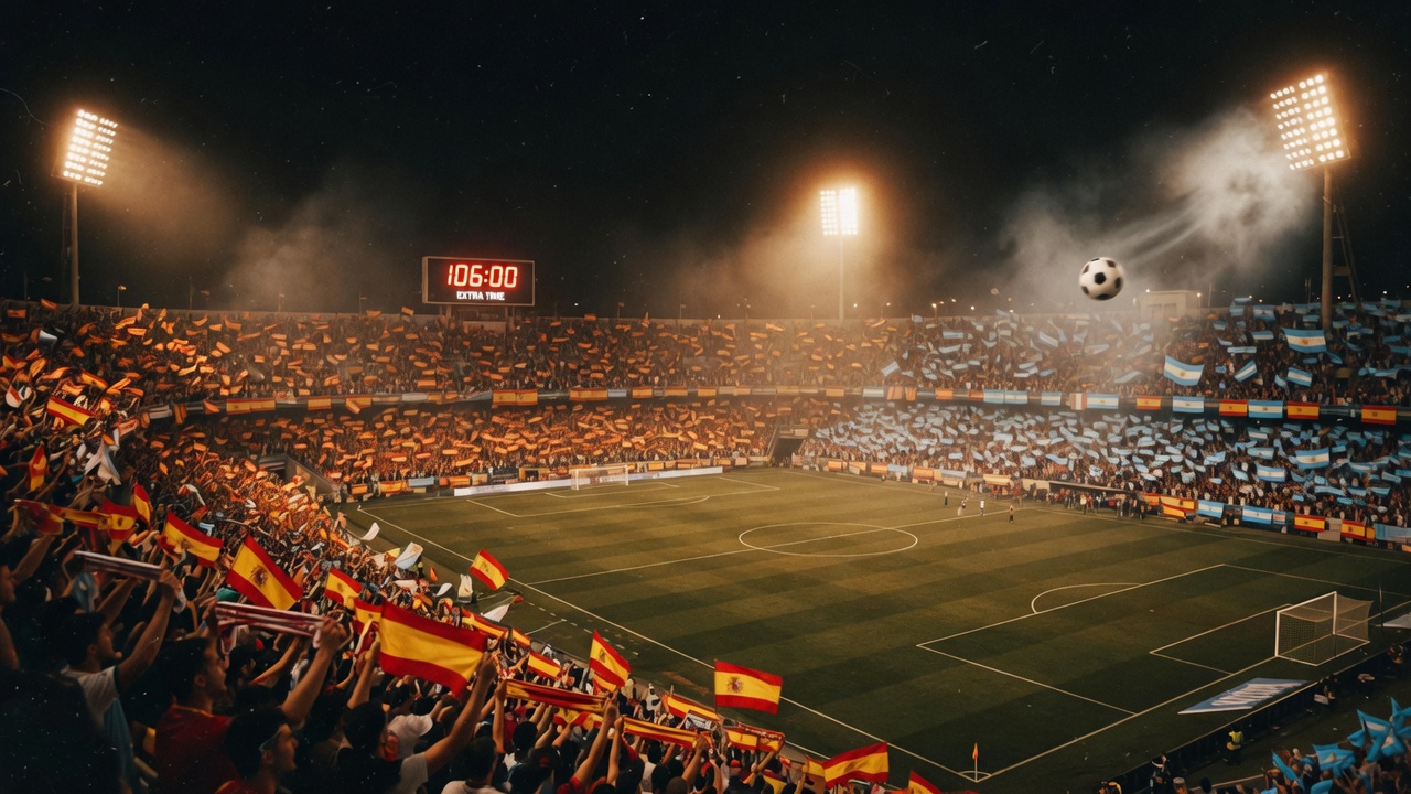 MetLife at night, extra-time clock at 106, Spain and Argentina flags
