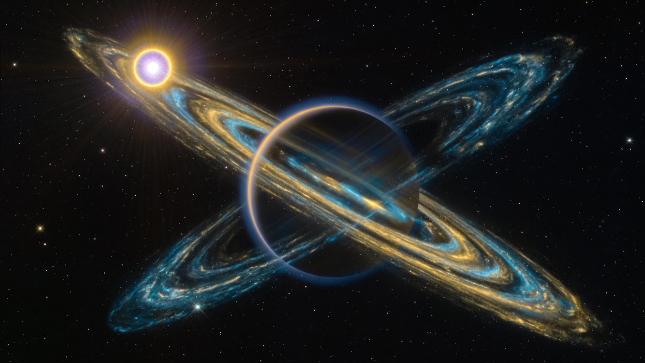 Artist-style Beta Pictoris disk with a giant planet half-hidden in dust