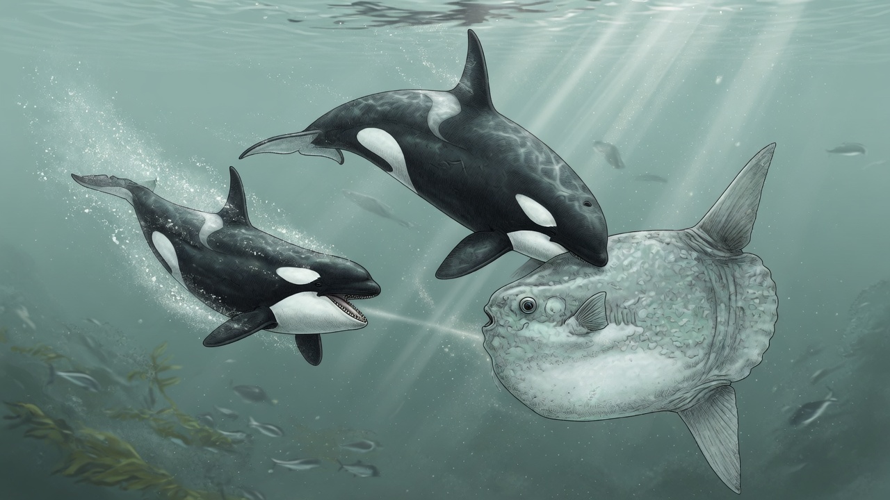 Two orcas and a sunfish underwater — hold-to-ram moment, Gulf of California mood