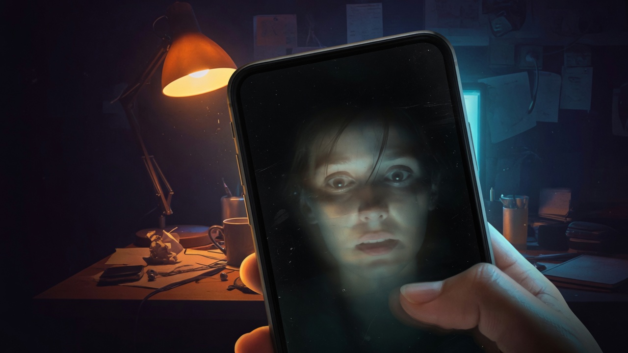 Phone black screen with a faint face reflection in a dim room
