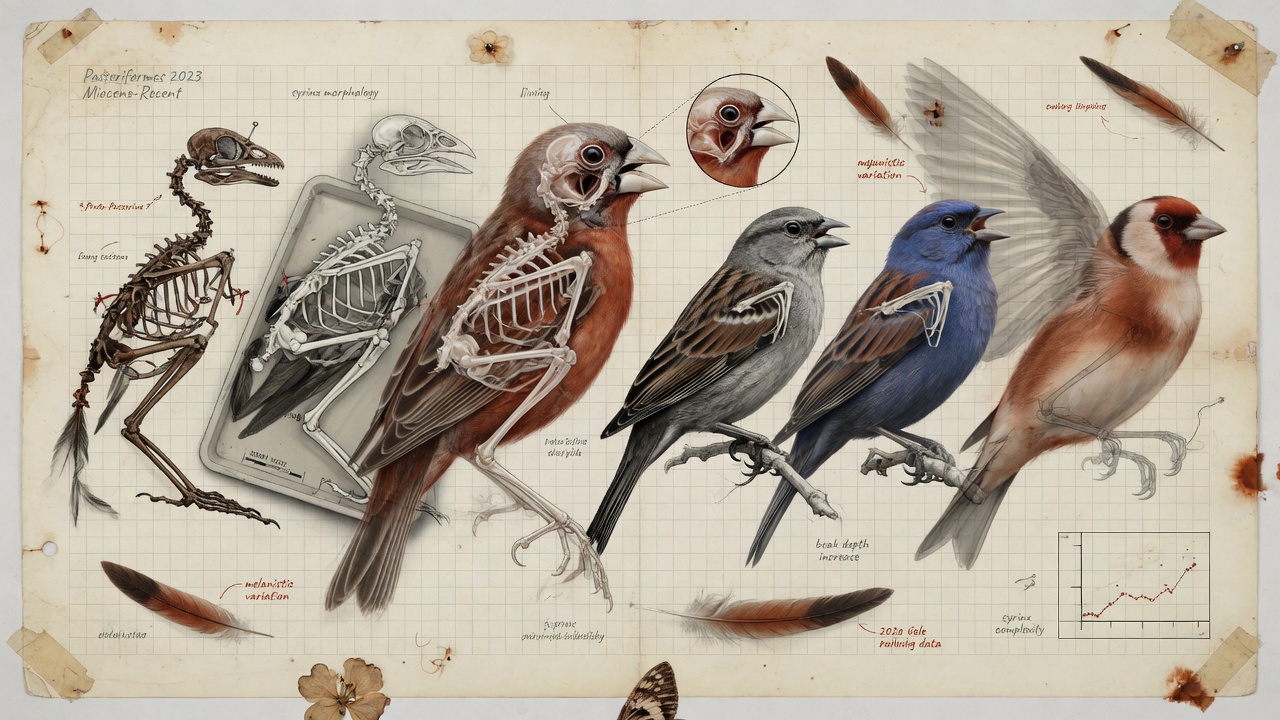 Songbirds and skeletal forms shifting through evolutionary time, dark museum-data aesthetic