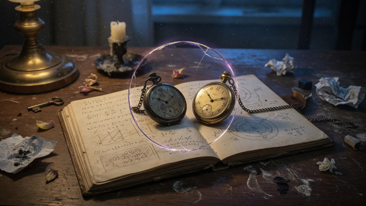 Two pocket watches inside a loop, sitting on a notebook nobody wrote