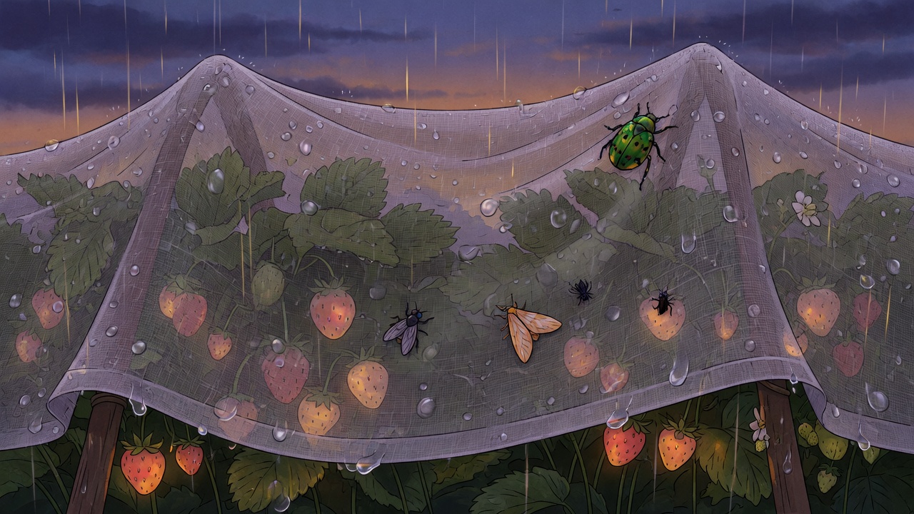 Strawberry plants under a mesh cloth in the rain