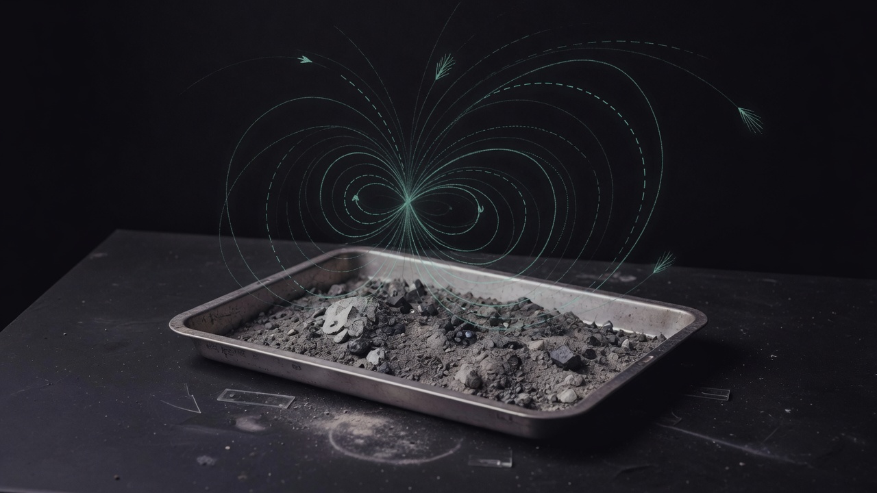 A tray of grey lunar soil with faint magnetic field lines