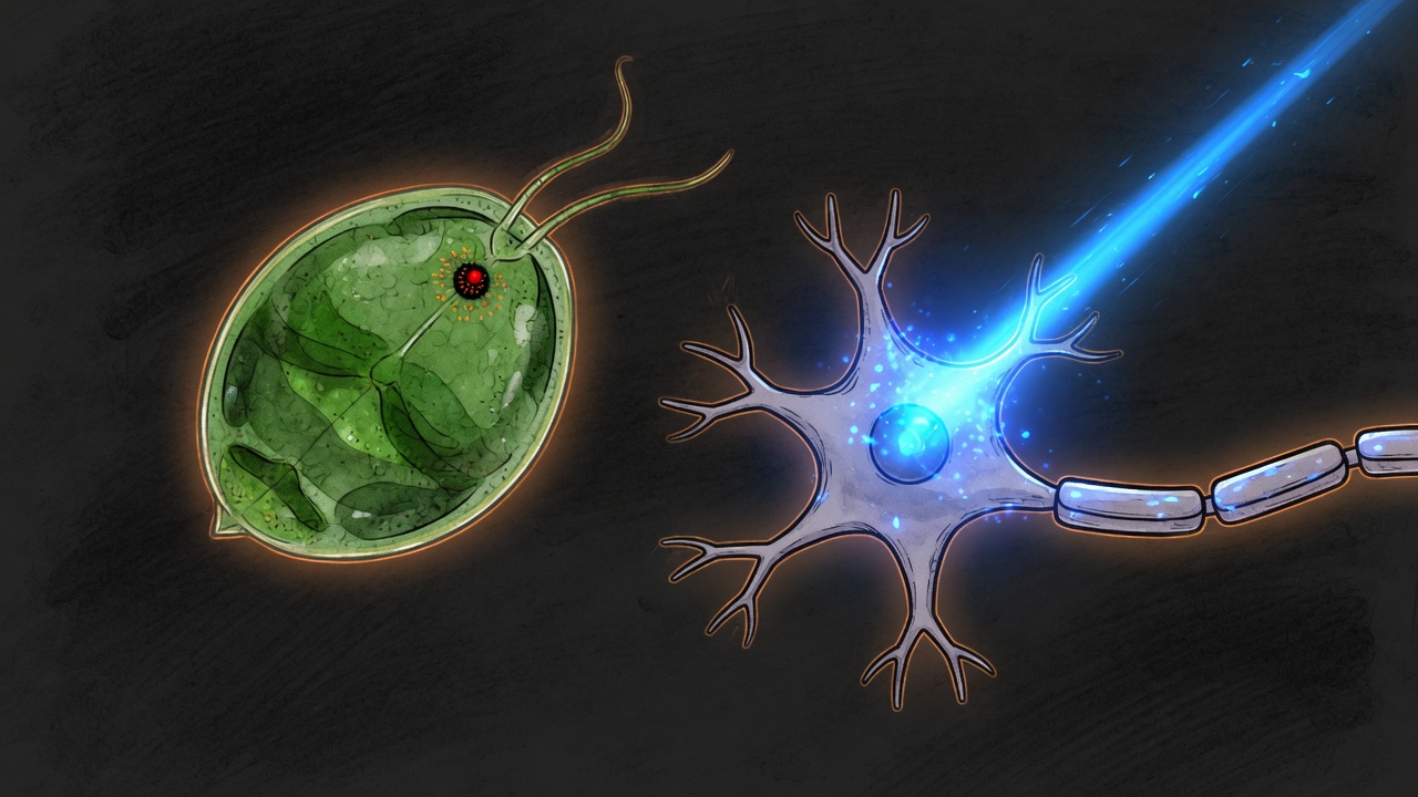 A green alga beside a neuron struck by blue light