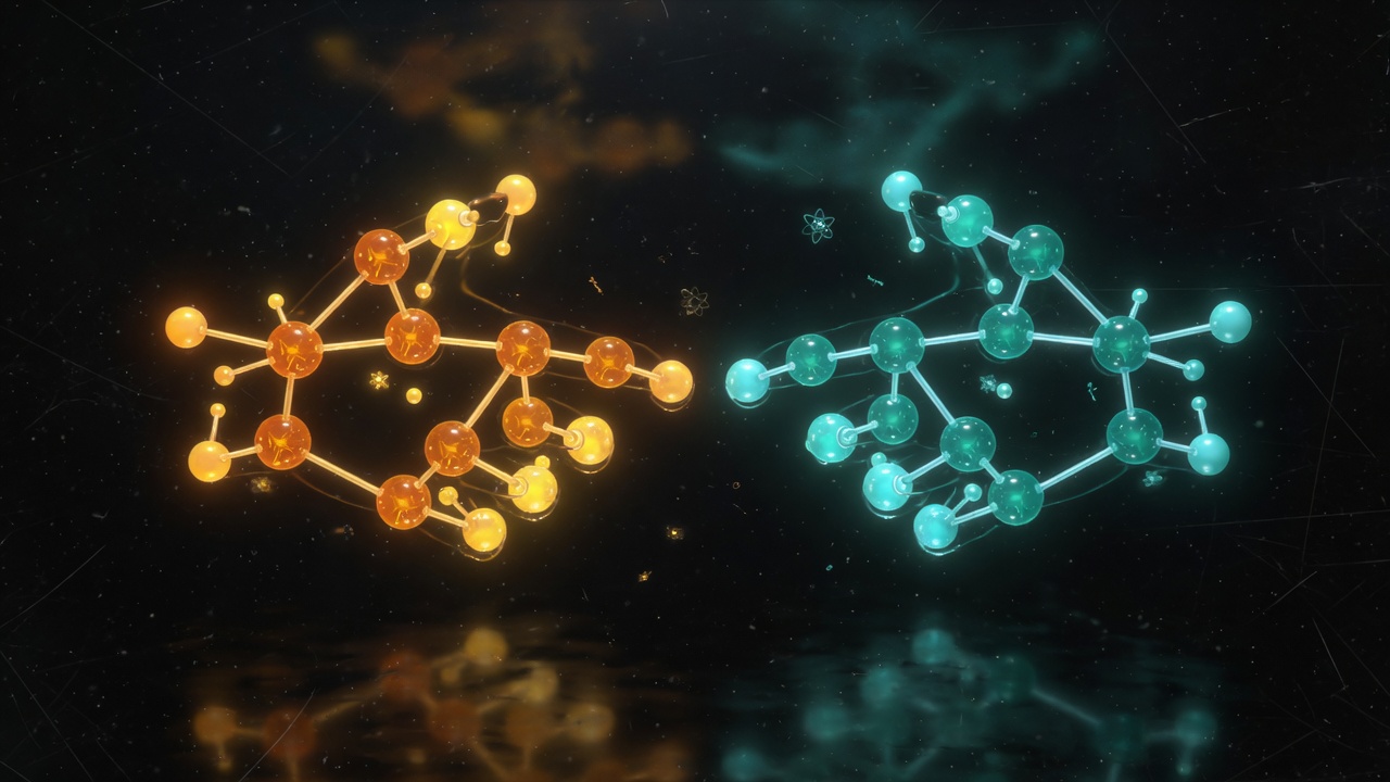 Two mirror-image molecules, amber and teal