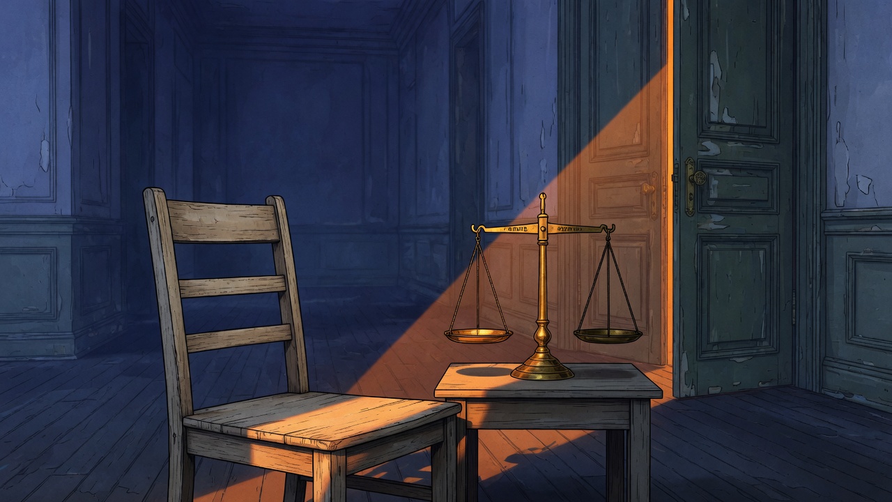 An empty chair and a balance scale in a blue hall