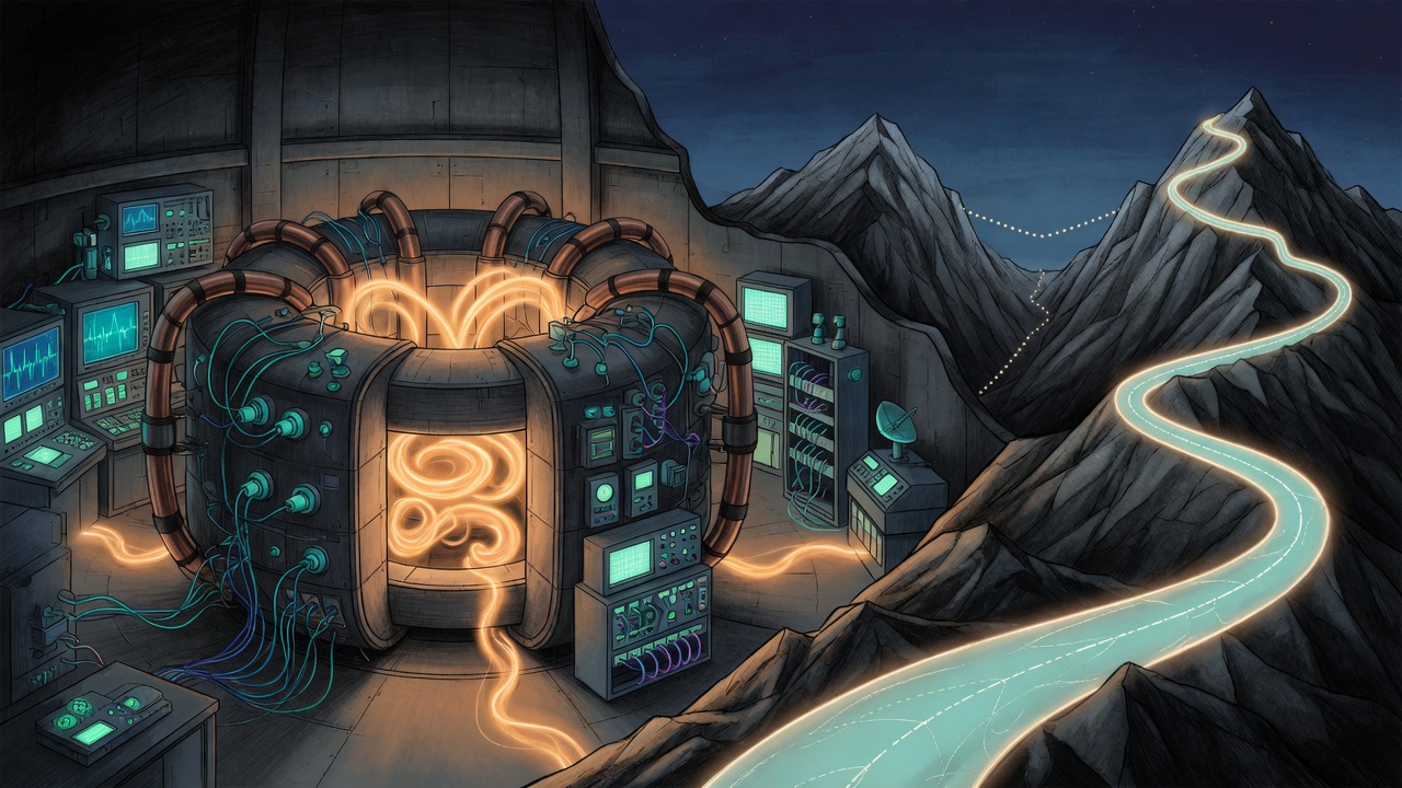 A tokamak beside a mountain pass, heat-first route in teal