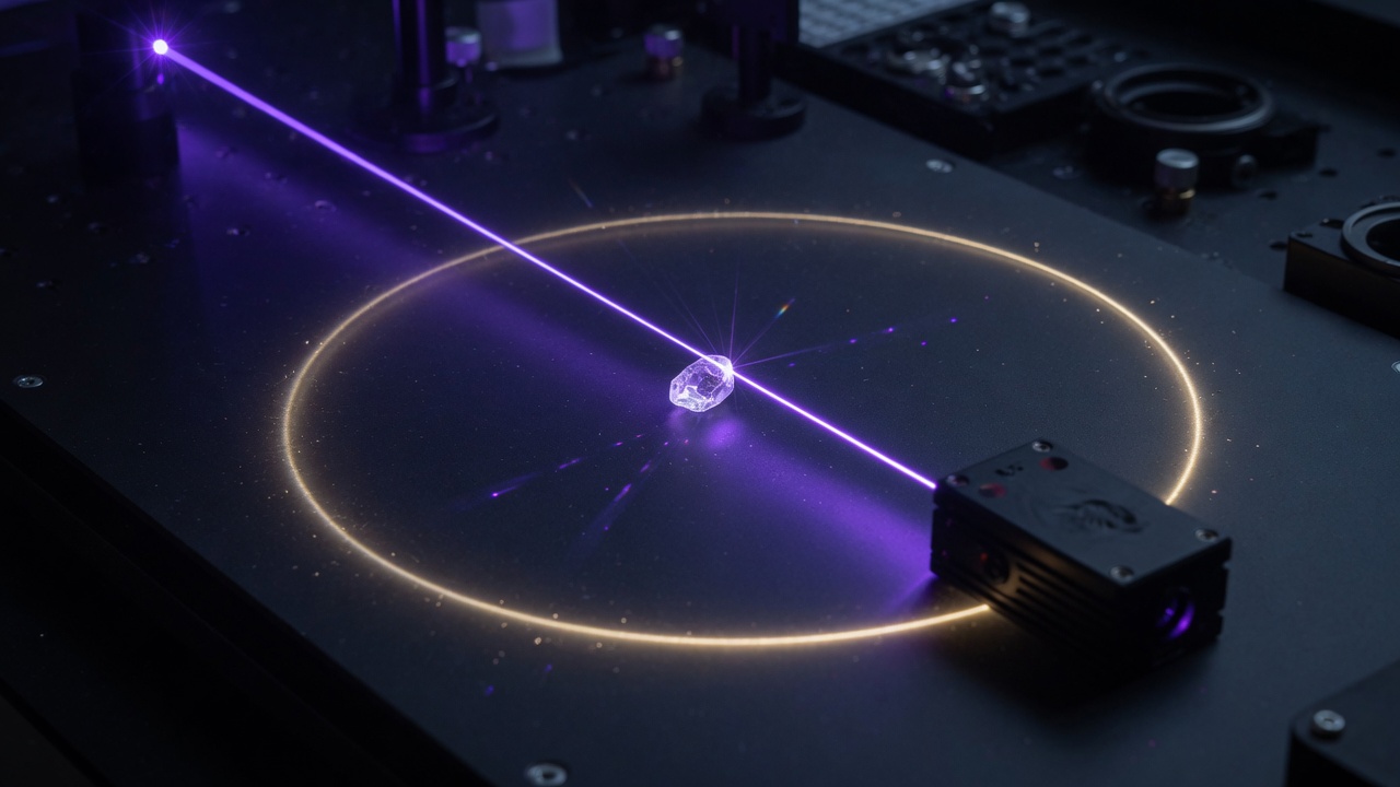 A tiny crystal on a dark optical table, caught in a violet beam with a faint gold loop of light