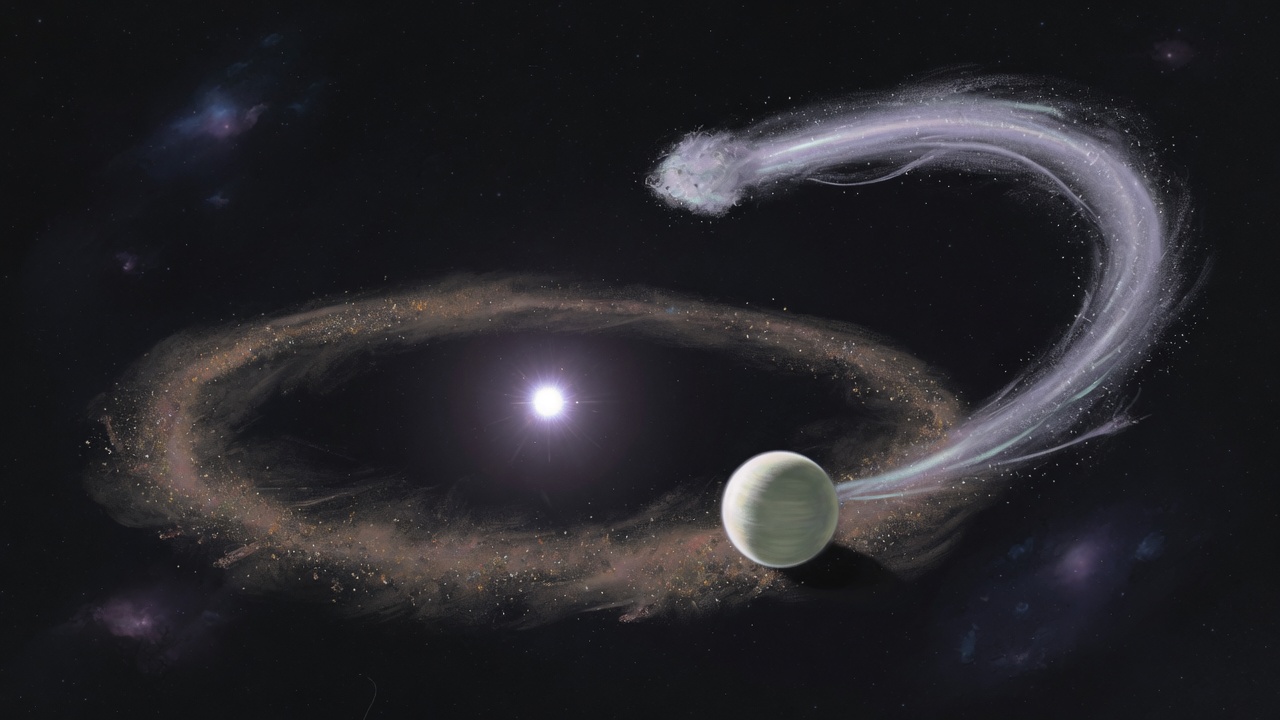 A bright compact star inside a dusty ring, with a pale planet and a long faint tail of material