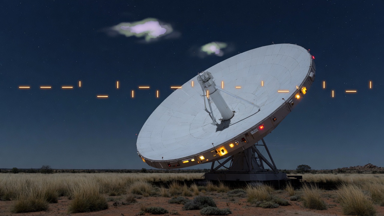 A radio telescope dish at night under two faint satellite-galaxy glows, with sparse pulse ticks in the air
