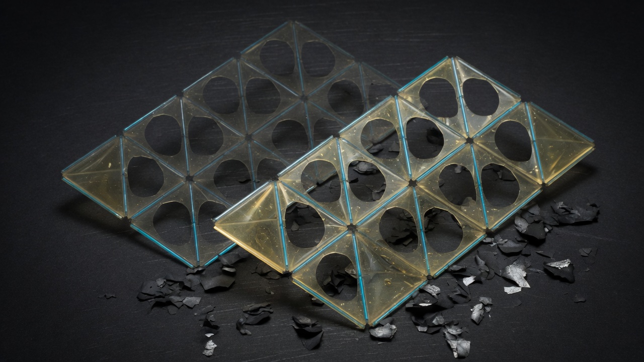 Two open lattices of tetrahedra joined by long rods, one net threaded through the voids of the other