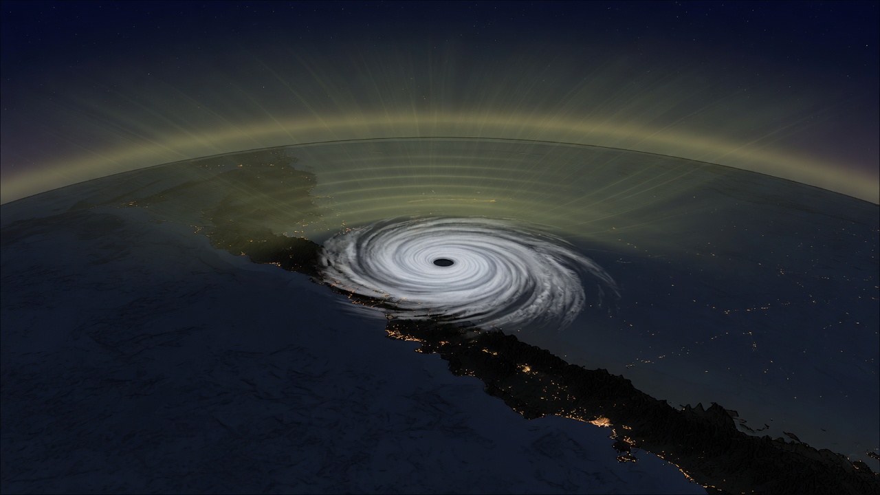 A drawing of faint concentric ripples in night airglow above a small hurricane off a dark coast