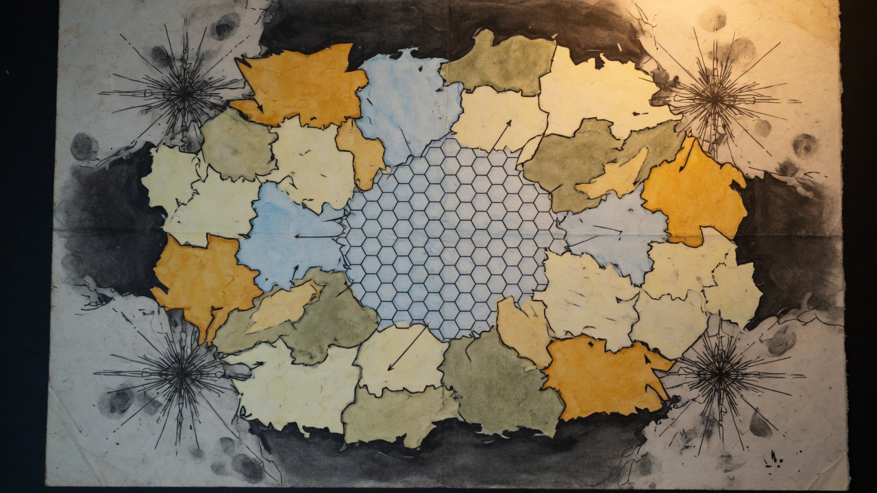 A drawing of an abstract map in four muted colors, with a honeycomb of hexagons in the middle
