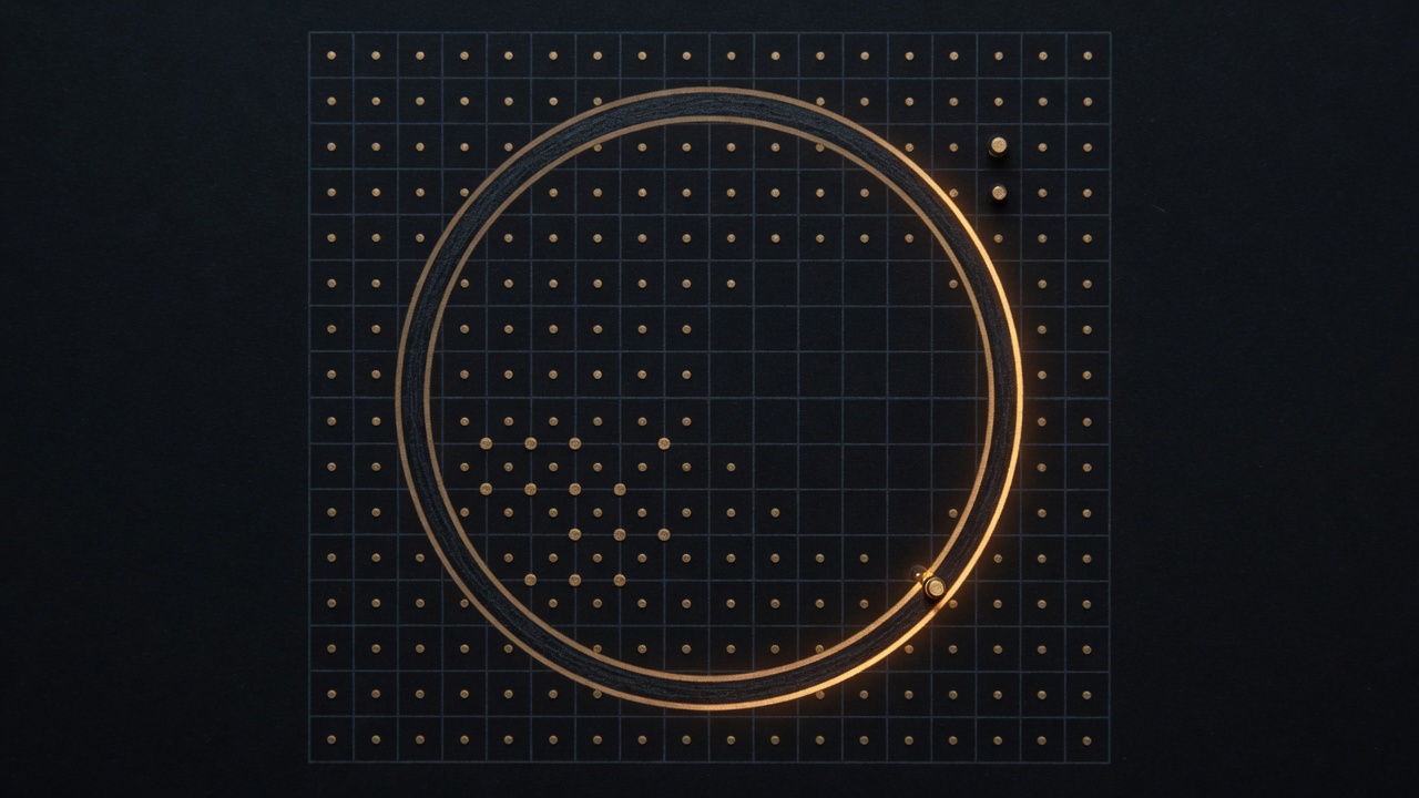 A drawing of a circle laid over a grid of dots