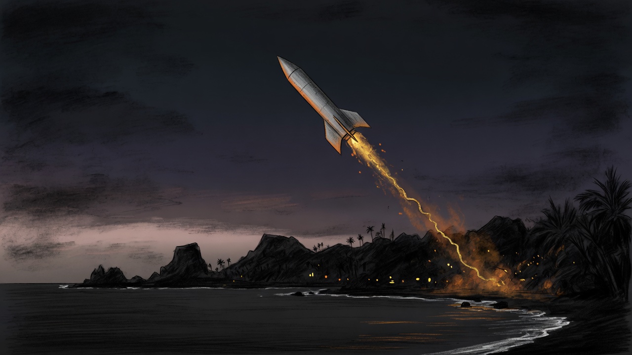 A painted night launch over a dark coast