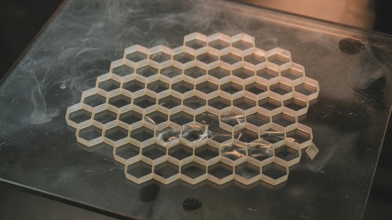 A painted honeycomb of pale cells on dark glass