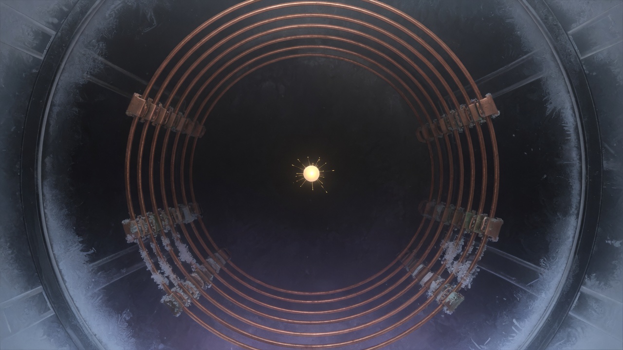 A painted spark hanging inside a ring of dark electrodes