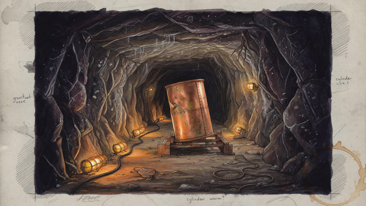 A painted tunnel with one copper cylinder under amber lights