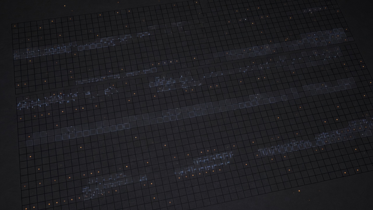 Amber points scattered through a dark grid, with a denser blue band