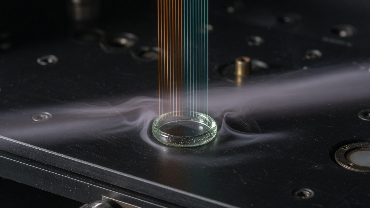 A small glass ring on a dark bench, with amber and teal lines of light rising from it