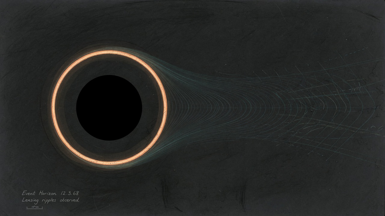 A black disk with an amber ring and a fading teal neck of ripples