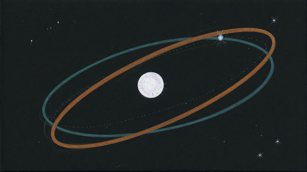 A dark sketch of a flat teal ellipse and a wider amber ellipse tilted away from it