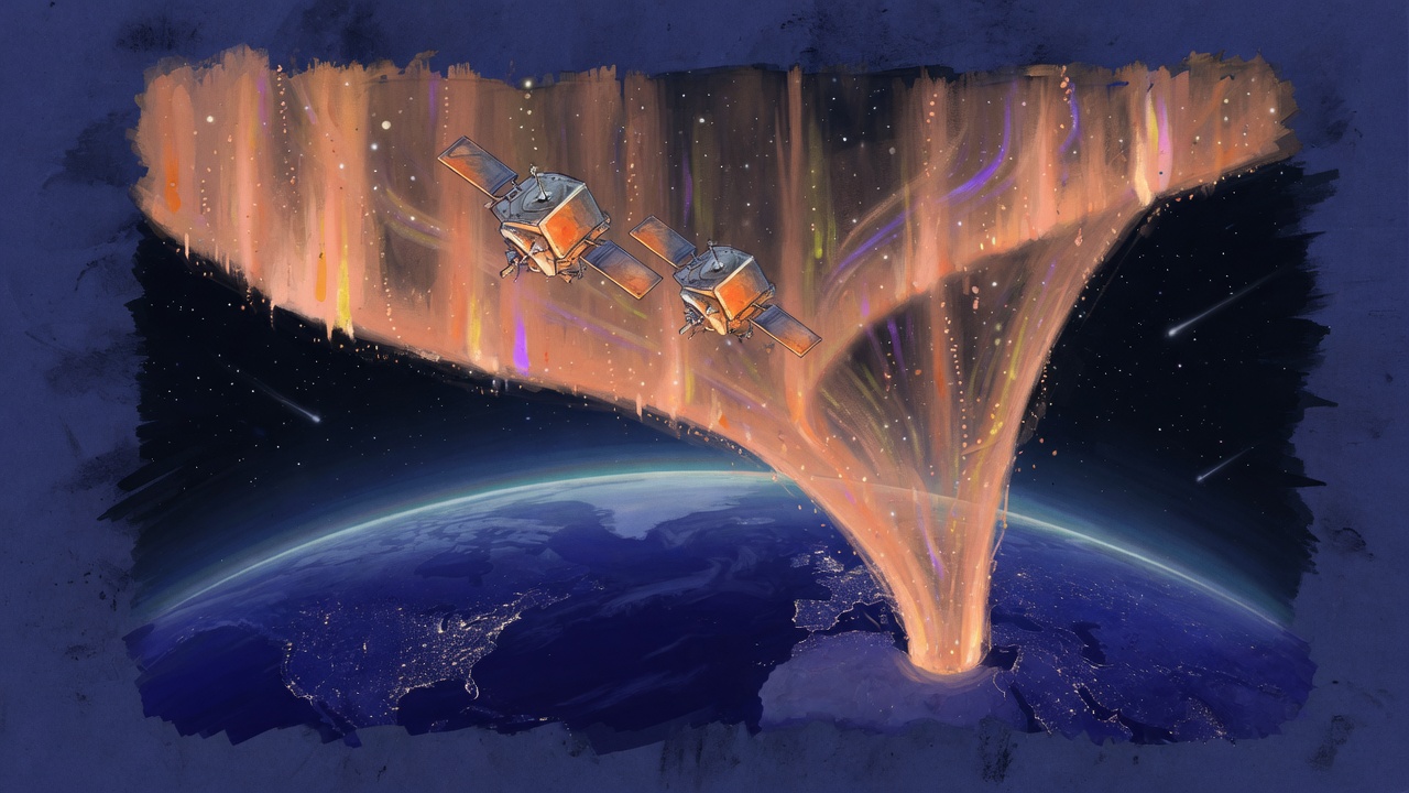 Two small satellites in a line above a dark Earth, with an orange funnel of particles over one pole