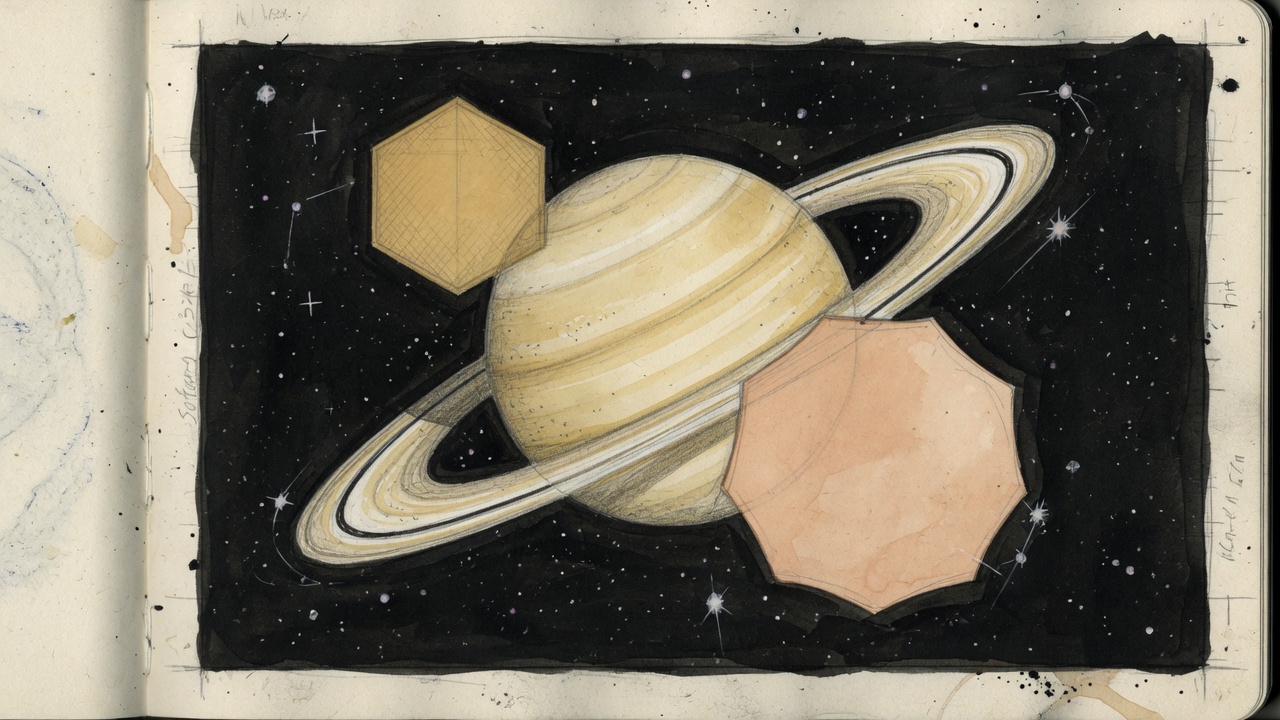 Notebook drawing of Saturn with a six-sided north hexagon and a wobbly ten-sided south decagon