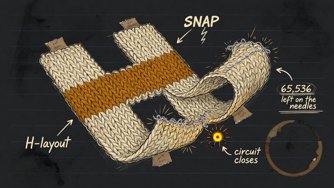 Notebook drawing of an H-striped knit panel snapping into a 3D shell, silver ridge lighting a tiny LED